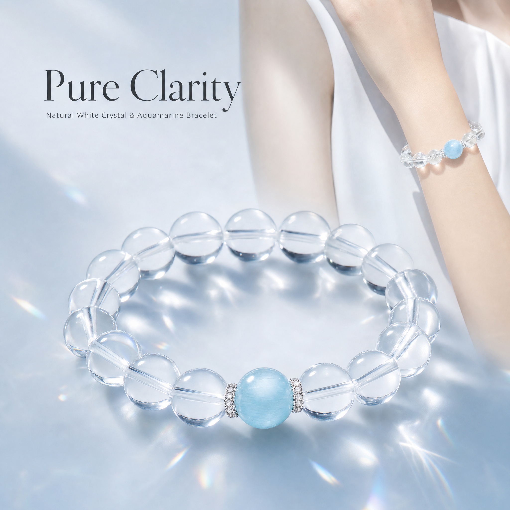 Natural Clear Quartz Aquamarine Bracelet 15cm Wrist Lucky Healing Feng Shui Crystal Jewelry For Women Gift