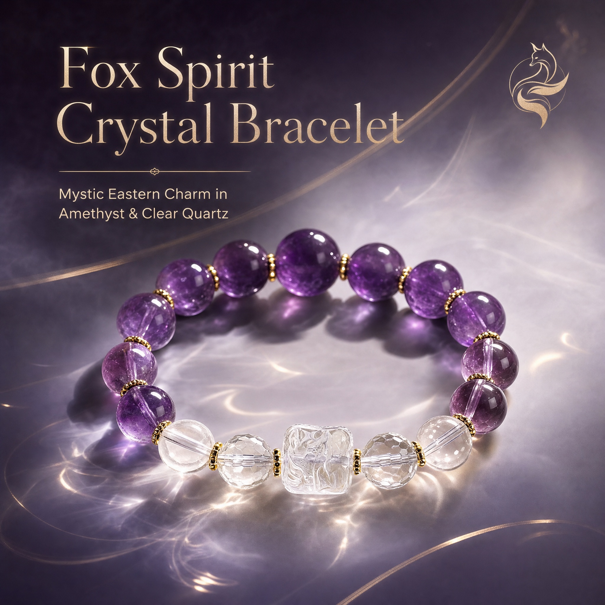 Natural Amethyst Clear Quartz Nine-Tailed Fox Bracelet 15cm Wristband Lucky Crystal Jewelry For Women Gift