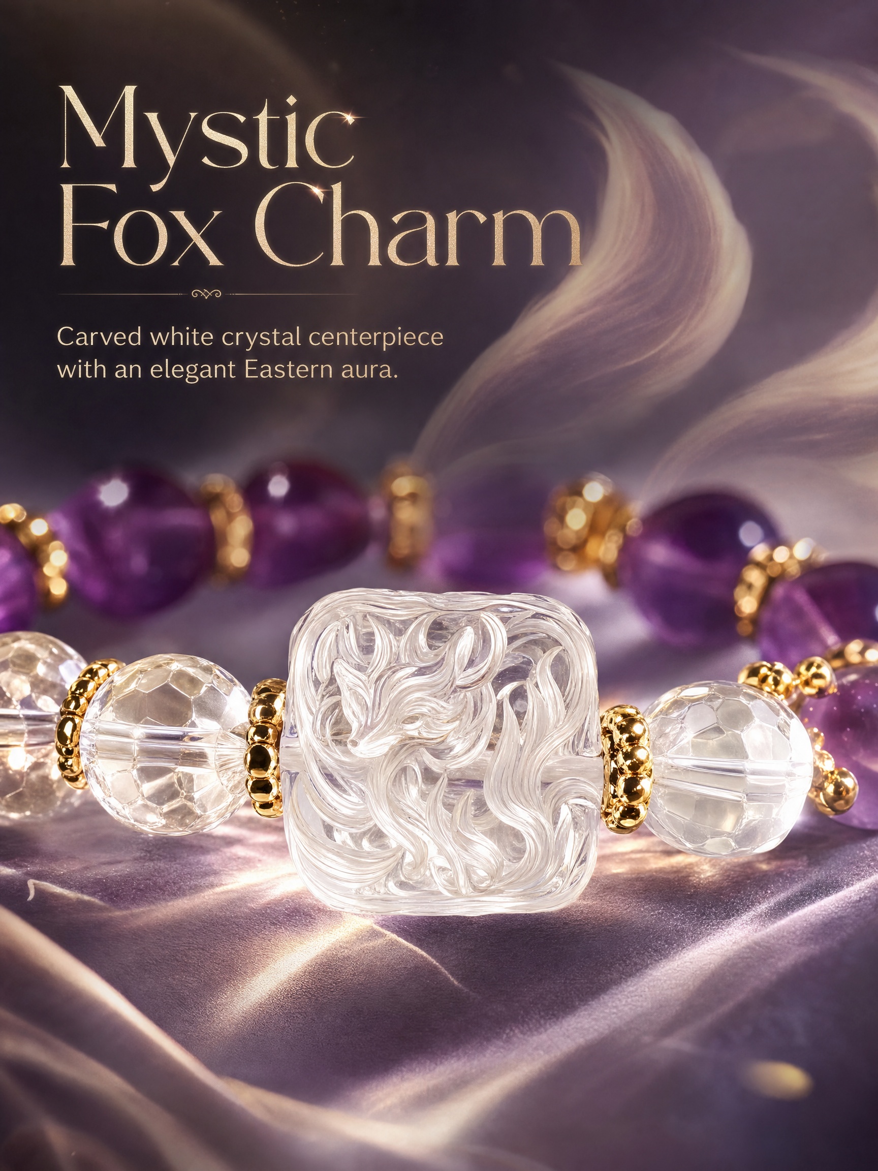 Natural Amethyst Clear Quartz Nine-Tailed Fox Bracelet 15cm Wristband Lucky Crystal Jewelry For Women Gift