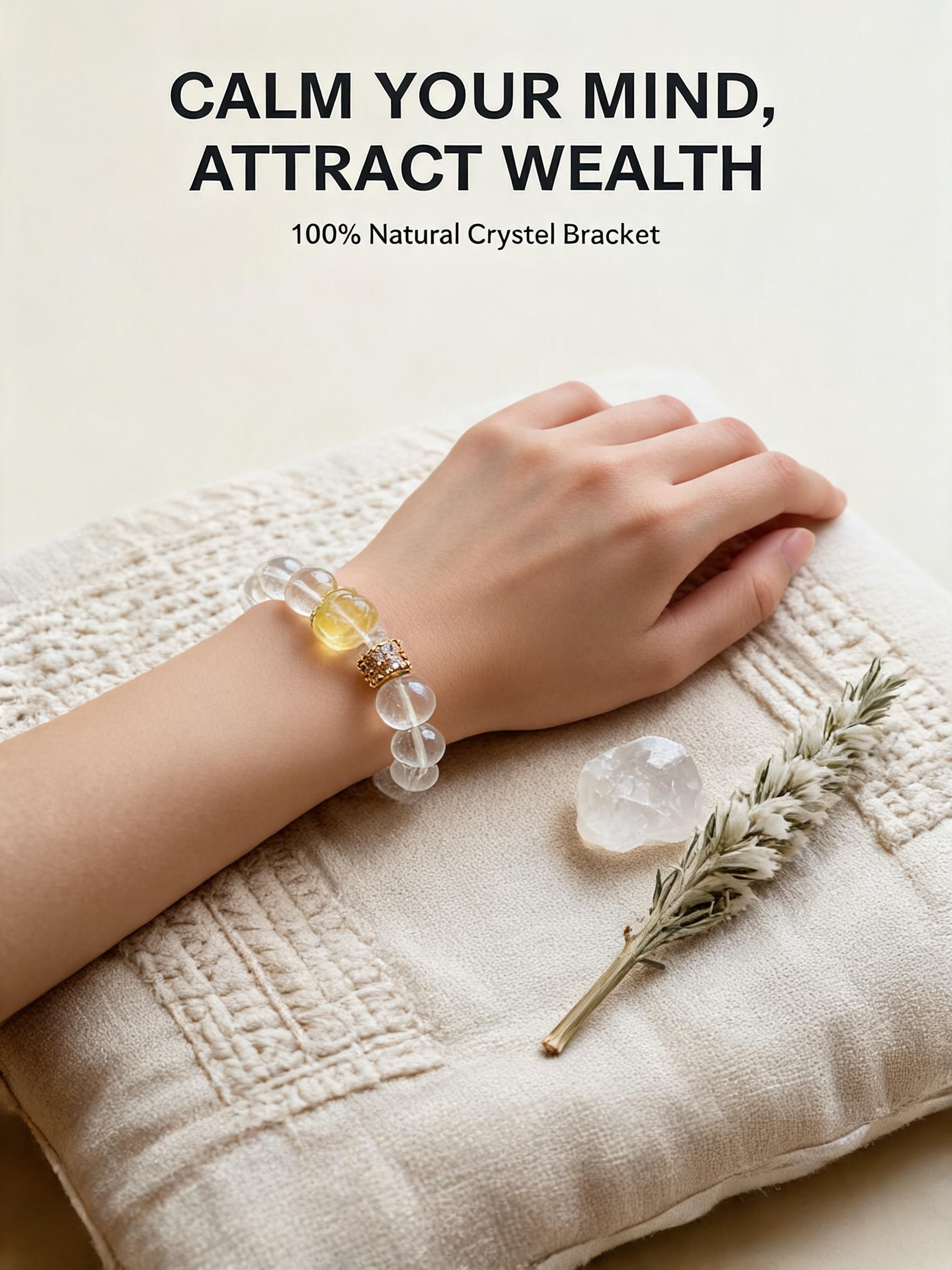 Phoenix Peony Carved Citrine Bracelet with Rutilated Quartz & White Phantom Quartz