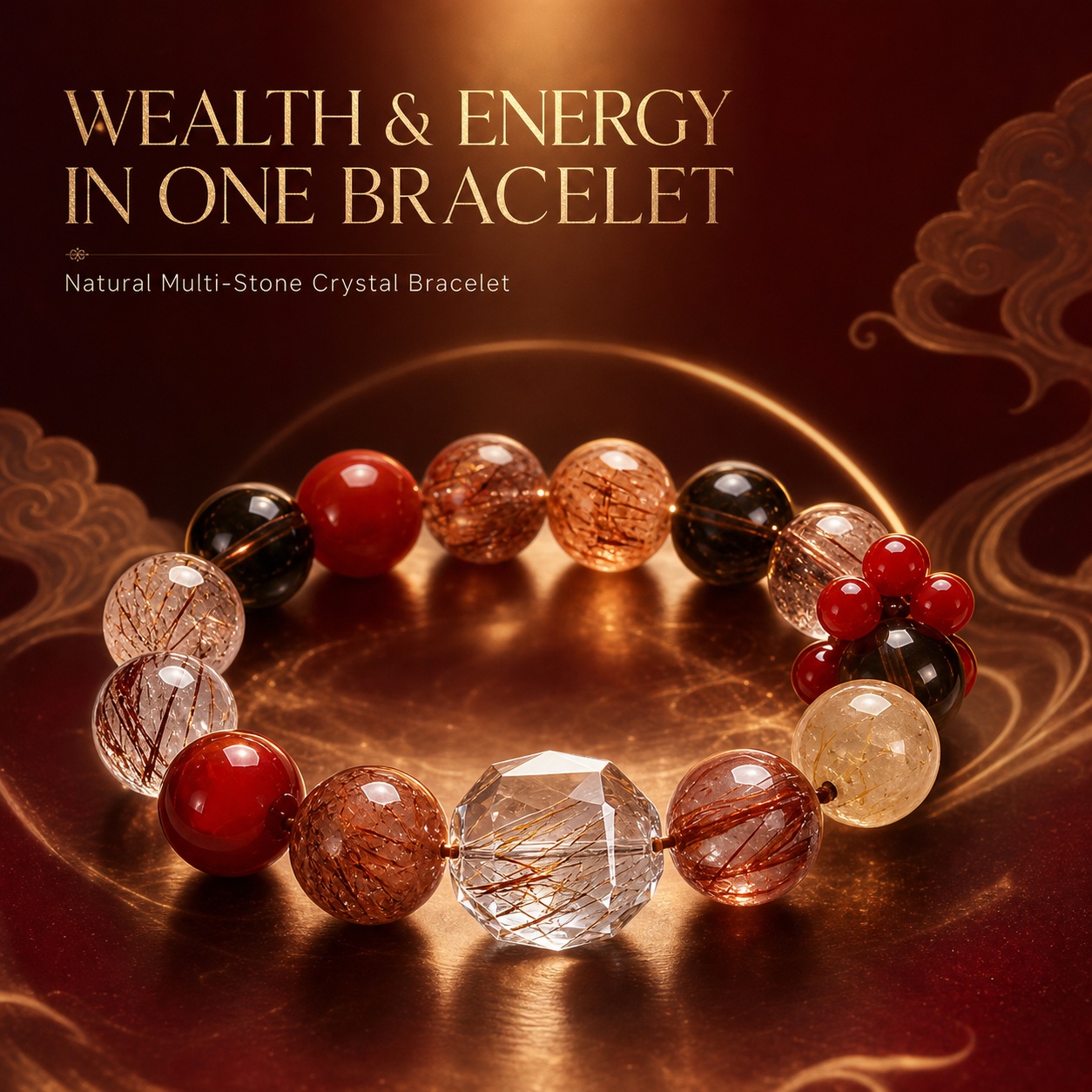 14mm Multi Stone Rutilated Quartz Bracelet Red Agate Super Seven Wealth Lucky Feng Shui Bracelet For Men Women Gift