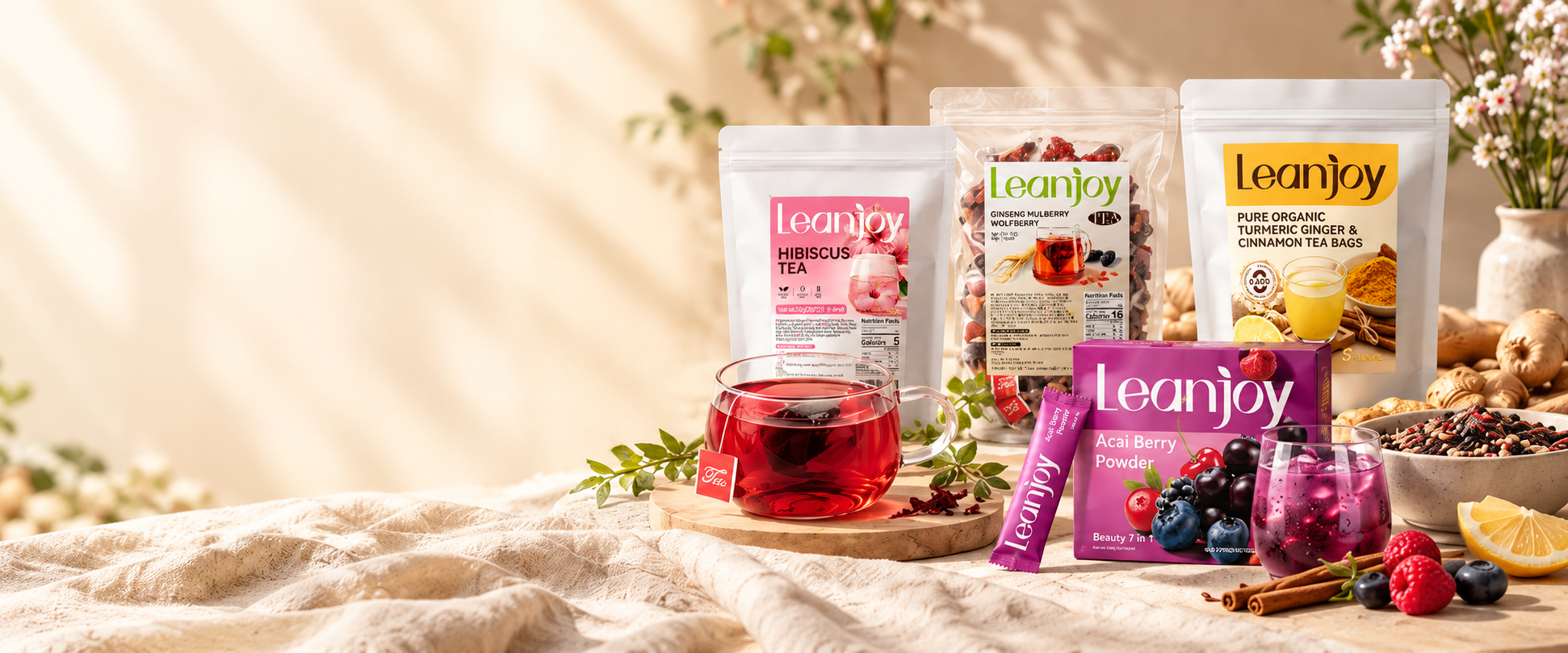 LeanJoy herbal teas and berry powder with freshly prepared drinks