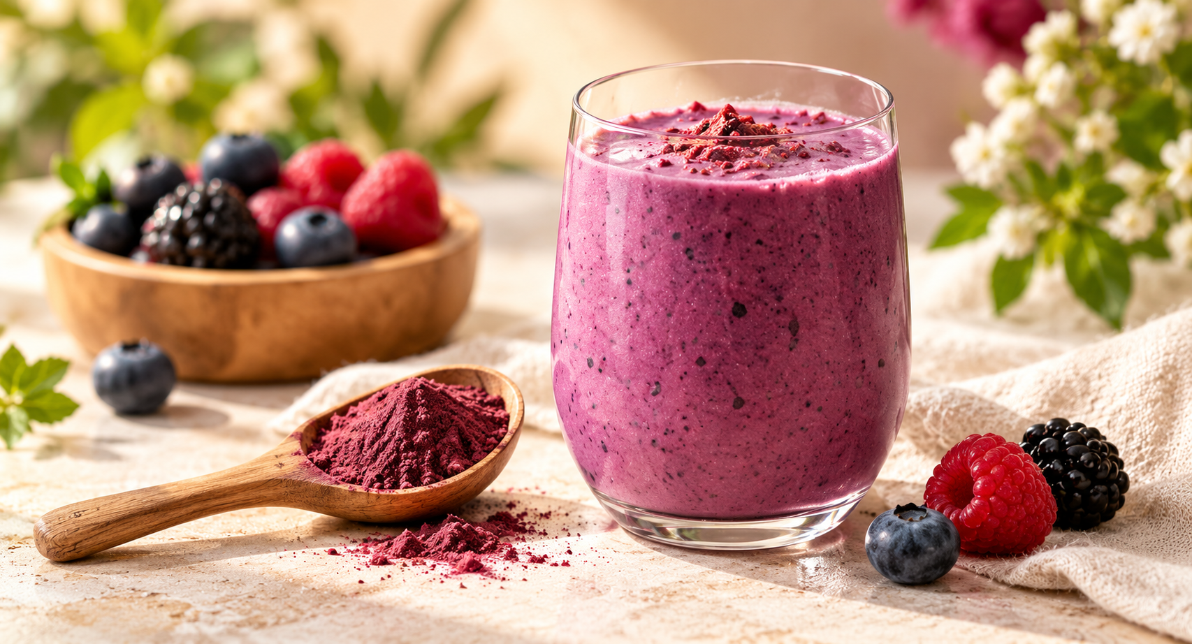 A purple berry smoothie with berry powder and fresh berries