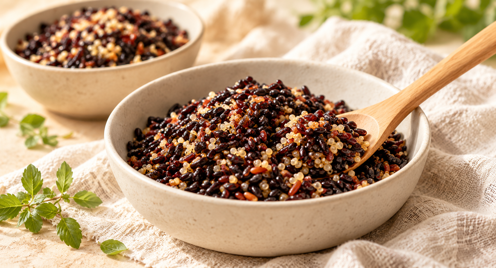 A ceramic bowl of dark rice and quinoa with a wooden spoon
