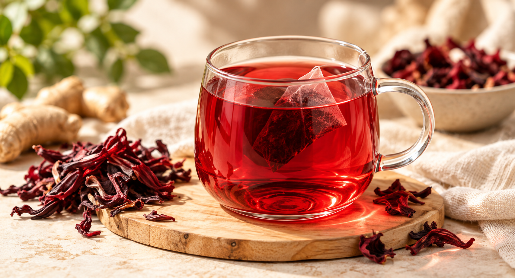 Ruby-red herbal tea with dried hibiscus flowers