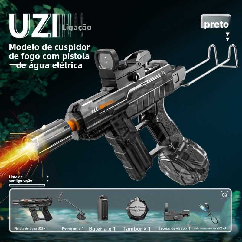 Pistola de água elétrica Uzi com luzes piscantes, recuo automático, alta pressão, brinquedo infantil para atividades ao ar livre, totalmente automática.