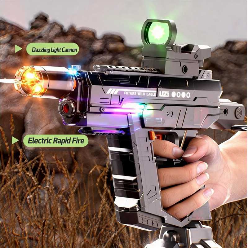 Pistola de água elétrica Uzi com luzes piscantes, recuo automático, alta pressão, brinquedo infantil para atividades ao ar livre, totalmente automática.