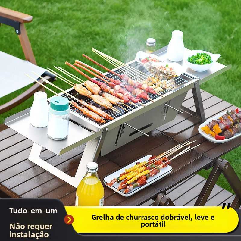 Churrasqueira de aço inoxidável, grelha de carvão espessa para uso externo, pequena churrasqueira doméstica dobrável em um segundo para espetos de carvão.