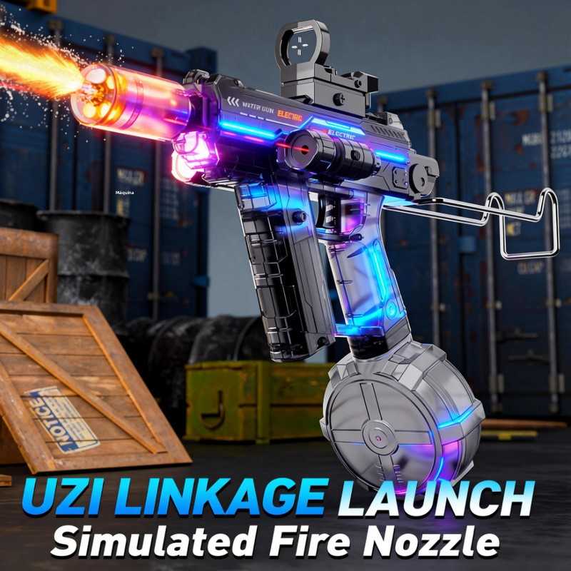 Pistola de água elétrica Uzi com luzes piscantes, recuo automático, alta pressão, brinquedo infantil para atividades ao ar livre, totalmente automática.