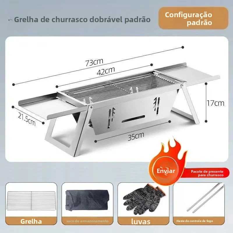 Churrasqueira de aço inoxidável, grelha de carvão espessa para uso externo, pequena churrasqueira doméstica dobrável em um segundo para espetos de carvão.