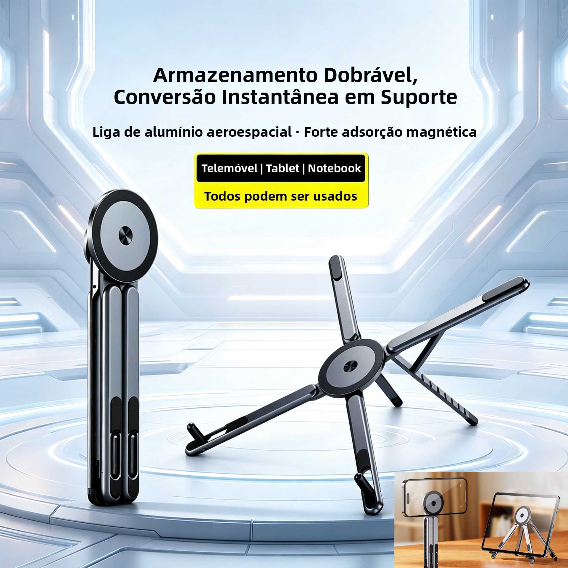 Suporte Magnético de Liga de Alumínio para Celular, Portátil, para Tablet e Laptop, com Quatro Pés de Suporte, Dobrável para Escritório
