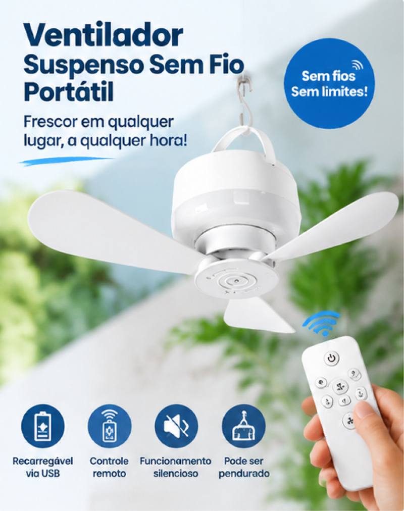 Ventilador Suspenso Sem Fio Portátil com Controle Remoto – Frescor para Cozinha, Quarto e Escritório