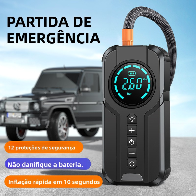 Fonte de alimentação de emergência para carros transfronteiriça 12V, power bank sem fio com funções de inflação e partida de emergência, power bank de emergência tudo-em-um.