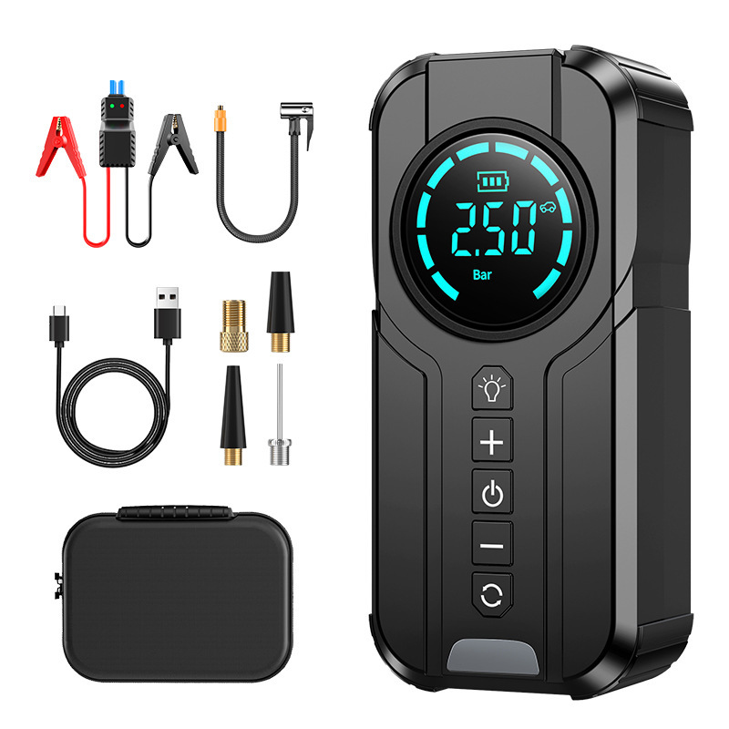 Fonte de alimentação de emergência para carros transfronteiriça 12V, power bank sem fio com funções de inflação e partida de emergência, power bank de emergência tudo-em-um.