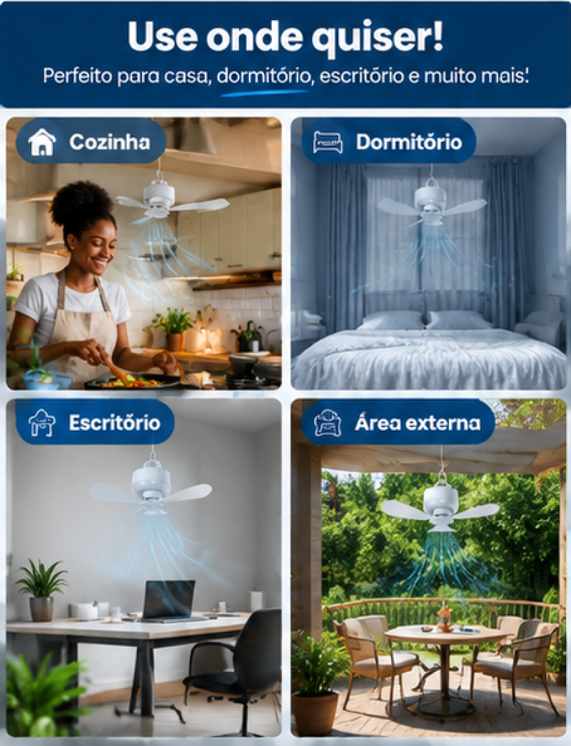 Ventilador Suspenso Sem Fio Portátil com Controle Remoto – Frescor para Cozinha, Quarto e Escritório