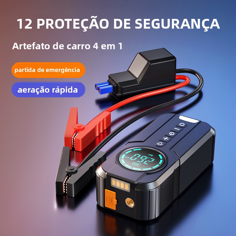 Fonte de alimentação de emergência para carros transfronteiriça 12V, power bank sem fio com funções de inflação e partida de emergência, power bank de emergência tudo-em-um.