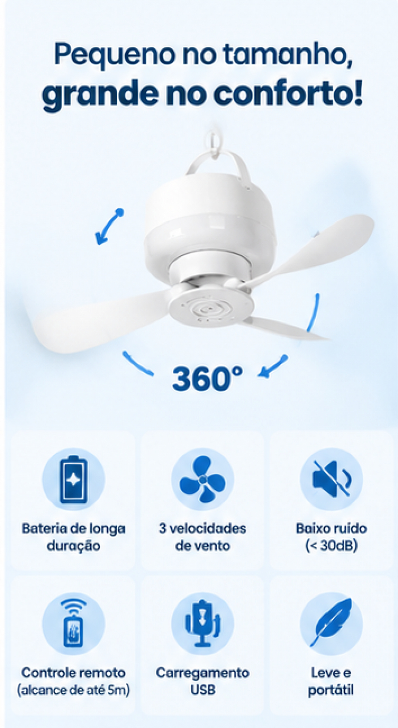 Ventilador Suspenso Sem Fio Portátil com Controle Remoto – Frescor para Cozinha, Quarto e Escritório