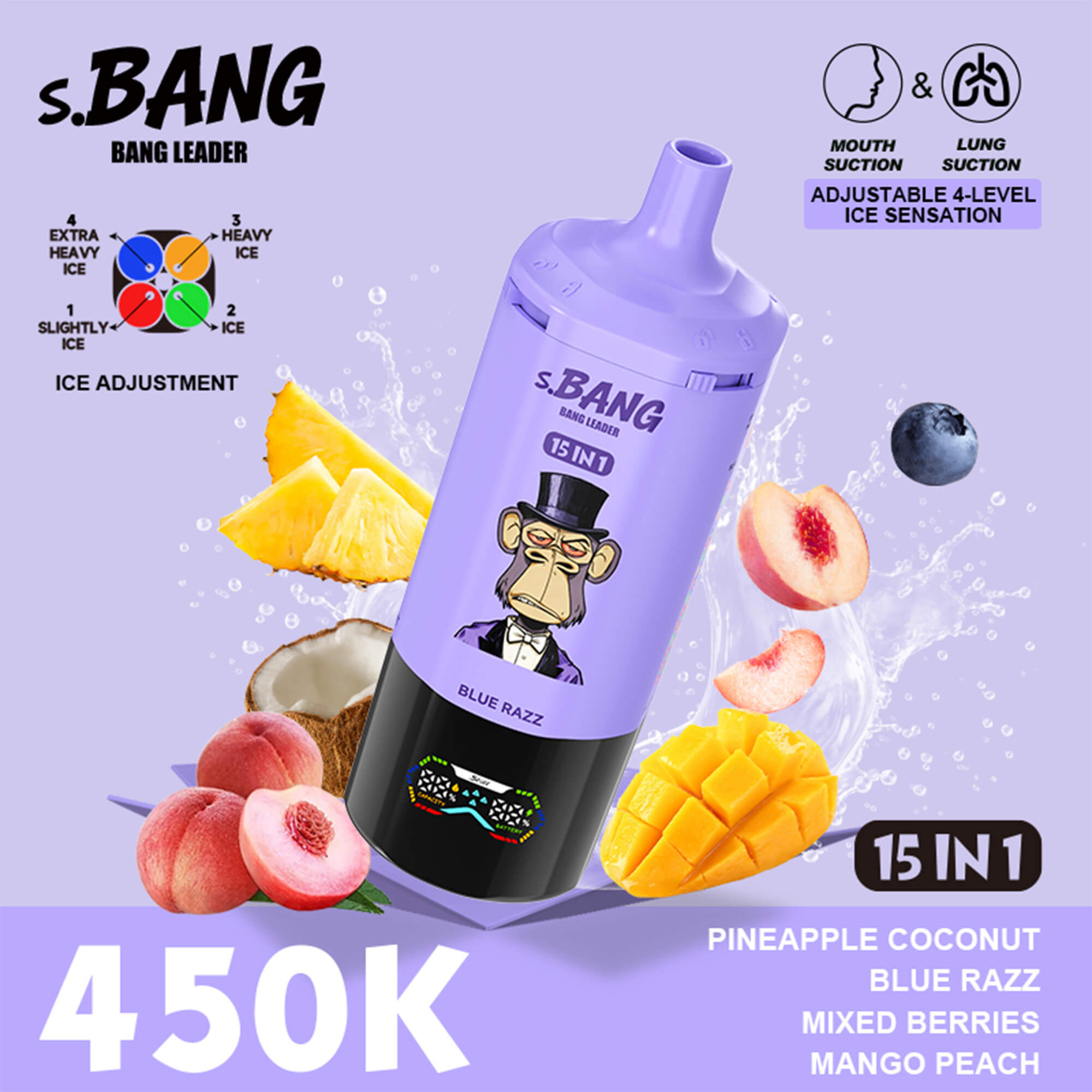 Bang Leader 450K 使い捨て電子タバコ，パイナップルココナッツ&ブルーラズベリー&ミックスベリー&マンゴーピーチ