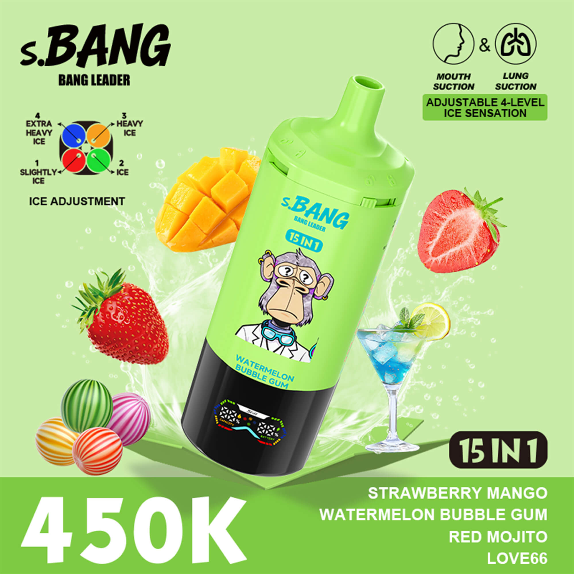 Bang Leader 450K 使い捨て電子タバコ，ストロベリーマンゴー&スイカバブルガム&レッドモヒート&LOVE66