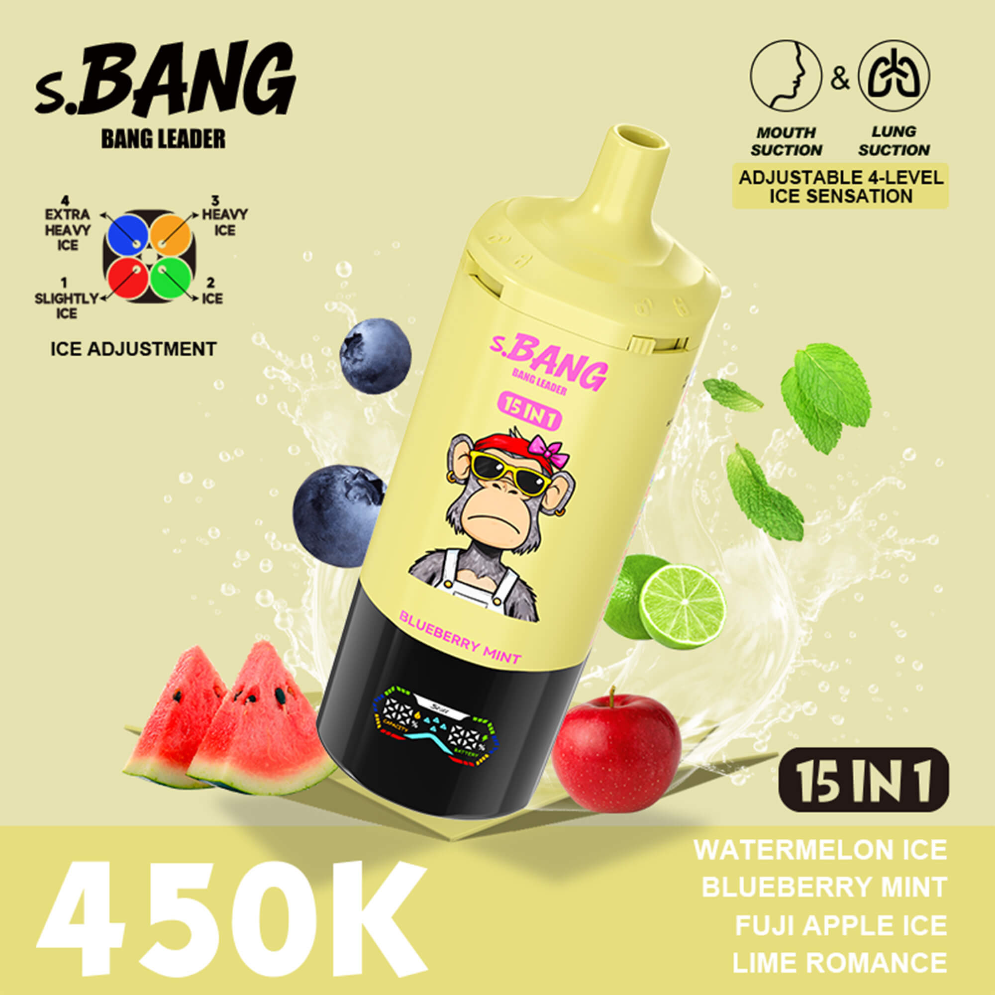 Bang Leader 450K 使い捨て電子タバコ，スイカアイス、ブルーベリーミント、フジアップルアイス、ライムロマンス