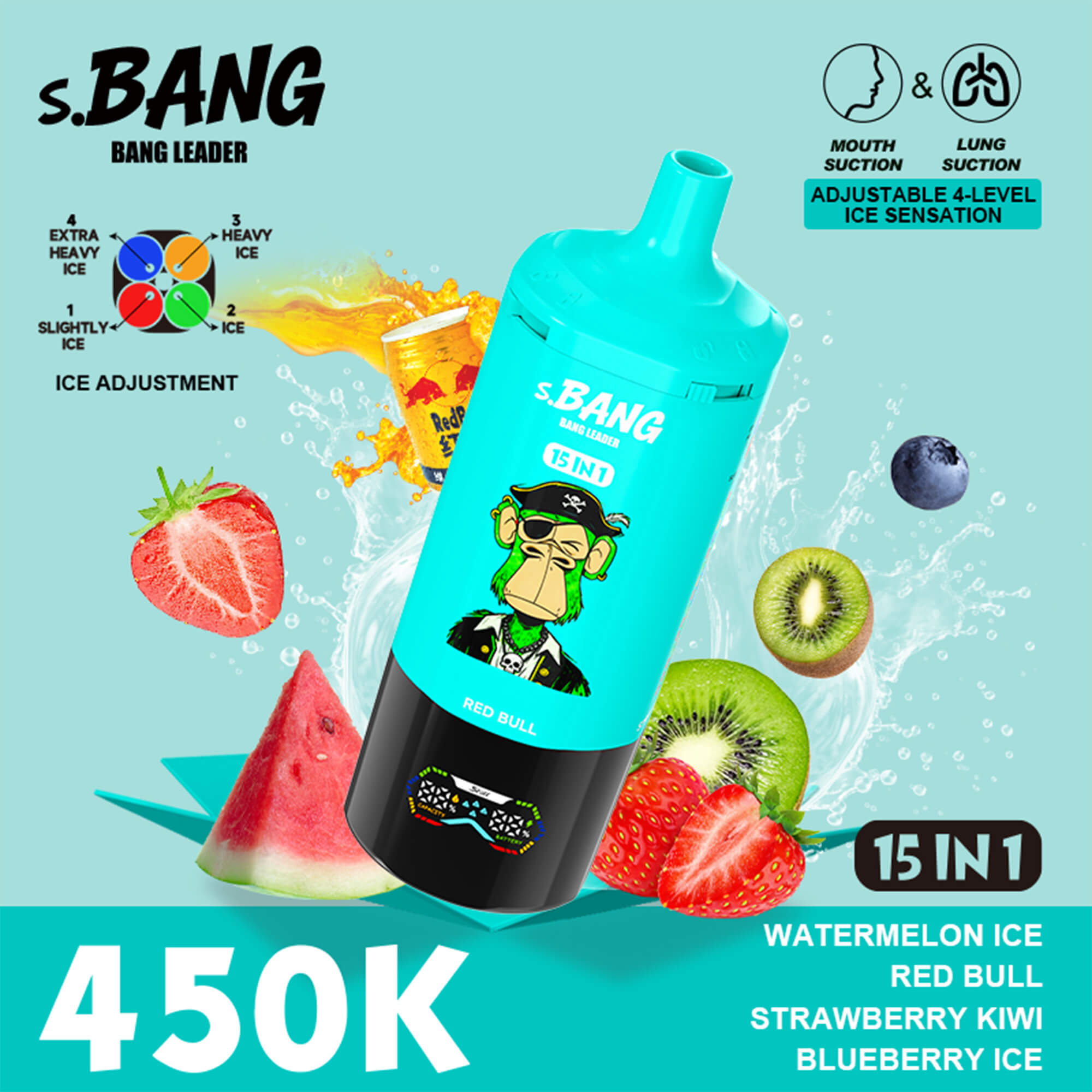 Bang Leader 450K 使い捨て電子タバコ，スイカアイス&レッドブル&ストロベリーキウイ&ブルーベリーアイス