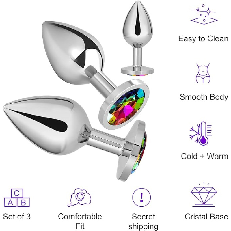 VIP12 Metal butt plugs, rainbow crystal butt plugs, three sizes, pure pleasure for women, couples and men, anal toy sets