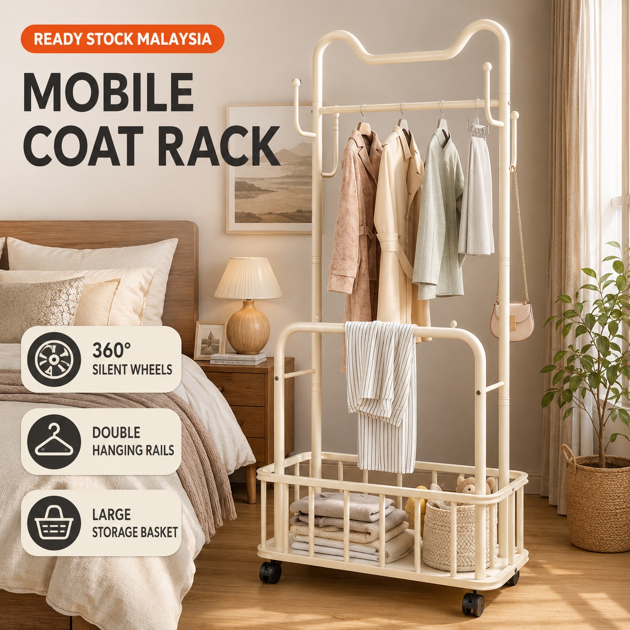 AVANRA Mobile Coat Rack with Storage Basket