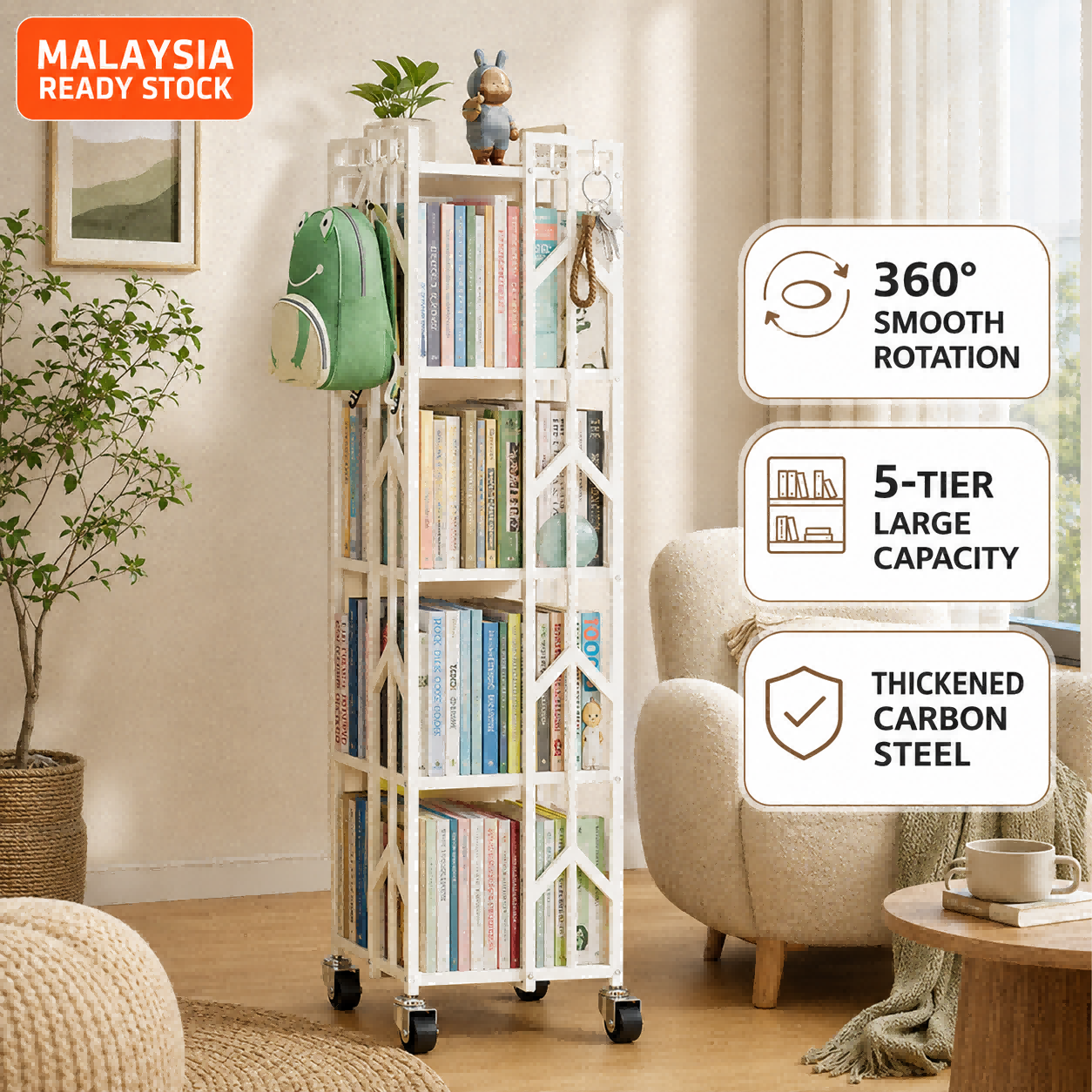 AVANRA Rotating Bookshelf Standing Books Storage Rack With Wheels