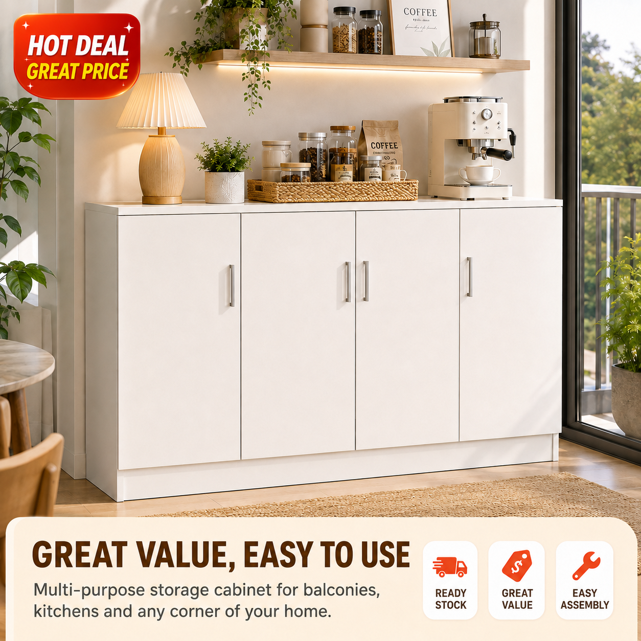 AVANRA White Kitchen Cabinet Sideboard Cabinet Storage Cabinet 