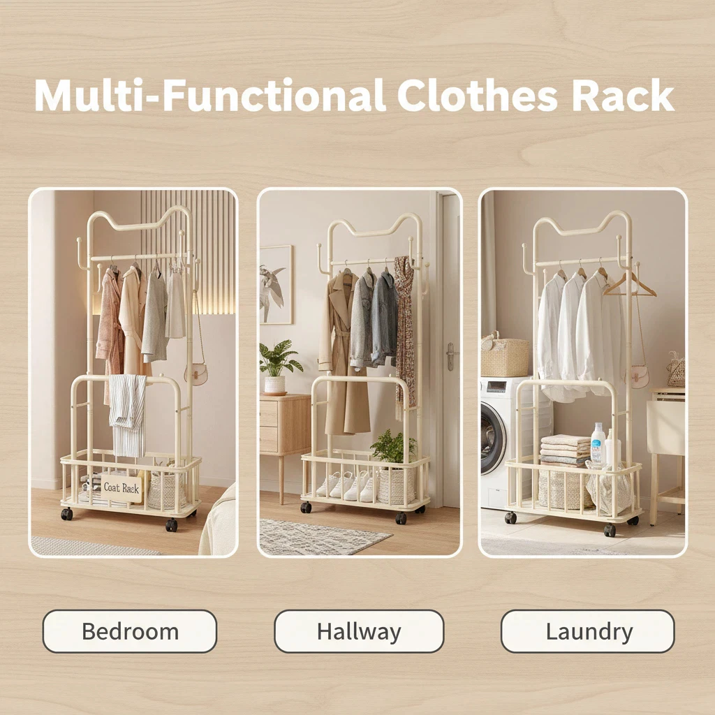 Mobile Coat Rack With Storage Basket Multilayer Organizer Rak Baju Beroda Pakaian Untuk Bilik Tidur Parlor