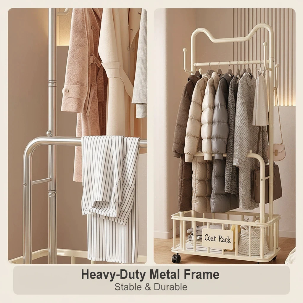 Mobile Coat Rack With Storage Basket Multilayer Organizer Rak Baju Beroda Pakaian Untuk Bilik Tidur Parlor