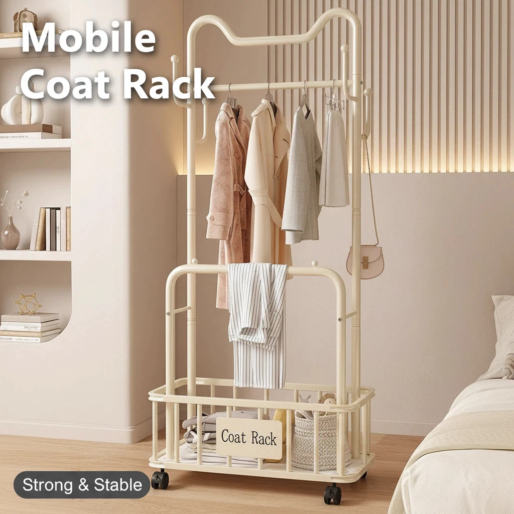 Mobile Coat Rack With Storage Basket Multilayer Organizer Rak Baju Beroda Pakaian Untuk Bilik Tidur Parlor