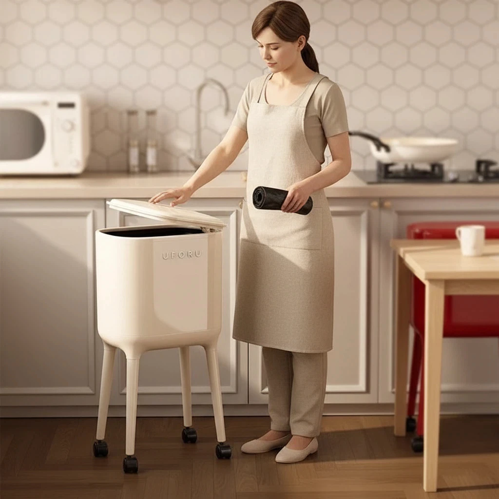 High Leg Trash Can With Wheels Large Capacity Mobile Dustbin Plastic Waste Bin For Home Kitchen Rak Tong Sampah Beroda