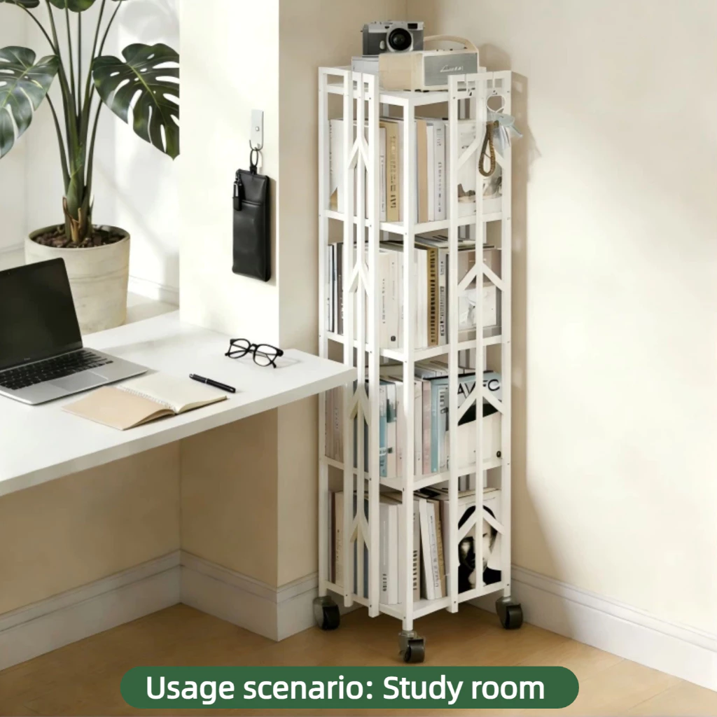 AVANRA Rotating Bookshelf with Wheels storage and usage detail