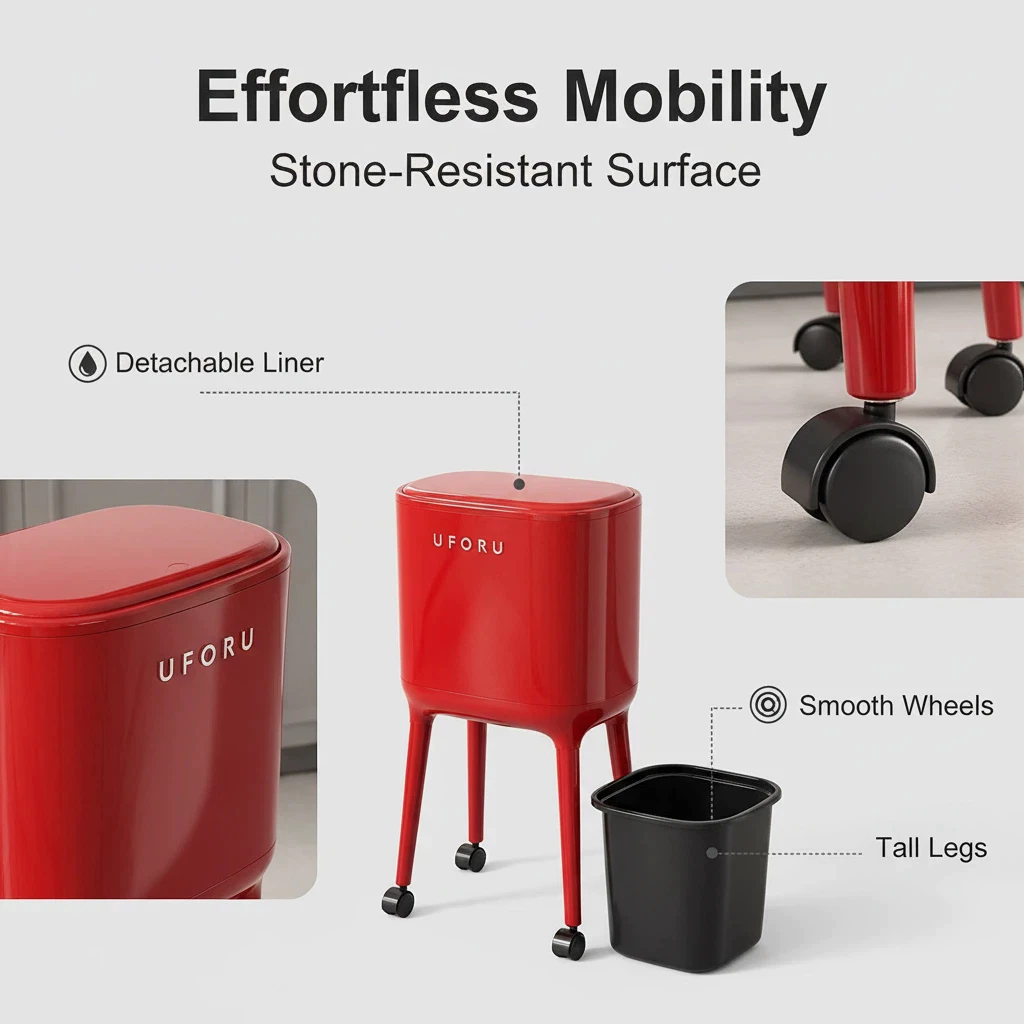 High Leg Trash Can With Wheels Large Capacity Mobile Dustbin Plastic Waste Bin For Home Kitchen Rak Tong Sampah Beroda