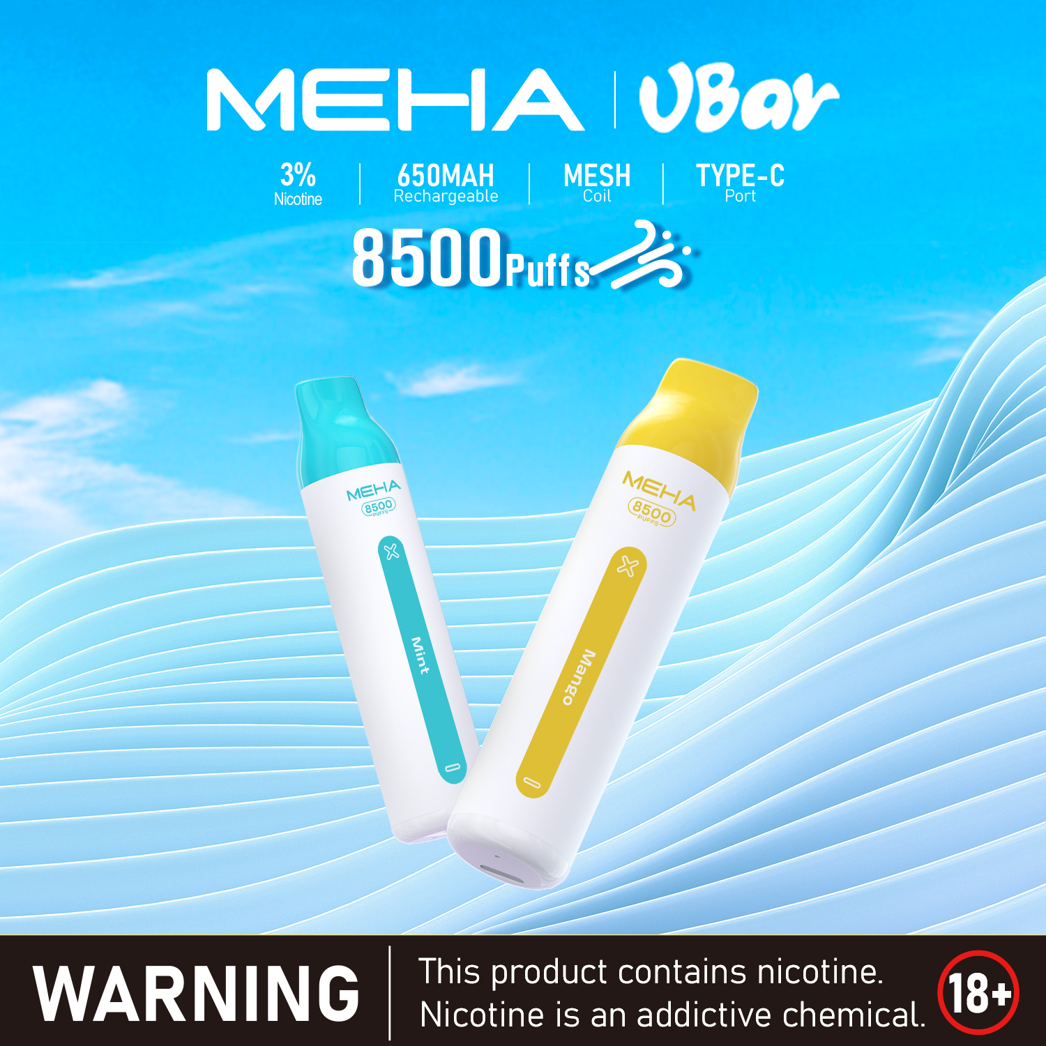 【MEHA魅嗨❤VBar小白條 8500口拋棄式電子煙】魅嗨原廠正品・16款口味・台灣現貨・怪獸級續航・口感濃郁