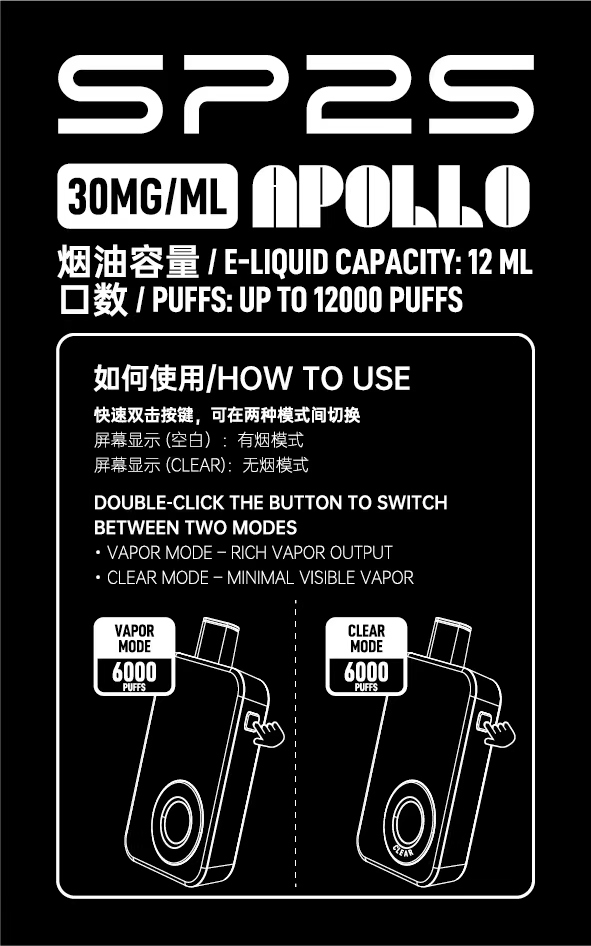 【SP2S 12000口 抛棄式電子煙】雙模式（有煙& 無煙）新款 6ml+6ml 雙倉大容量一次性電子煙 | SP2S思博瑞 原廠正品  | 3%尼古丁 | 台灣711貨到付款