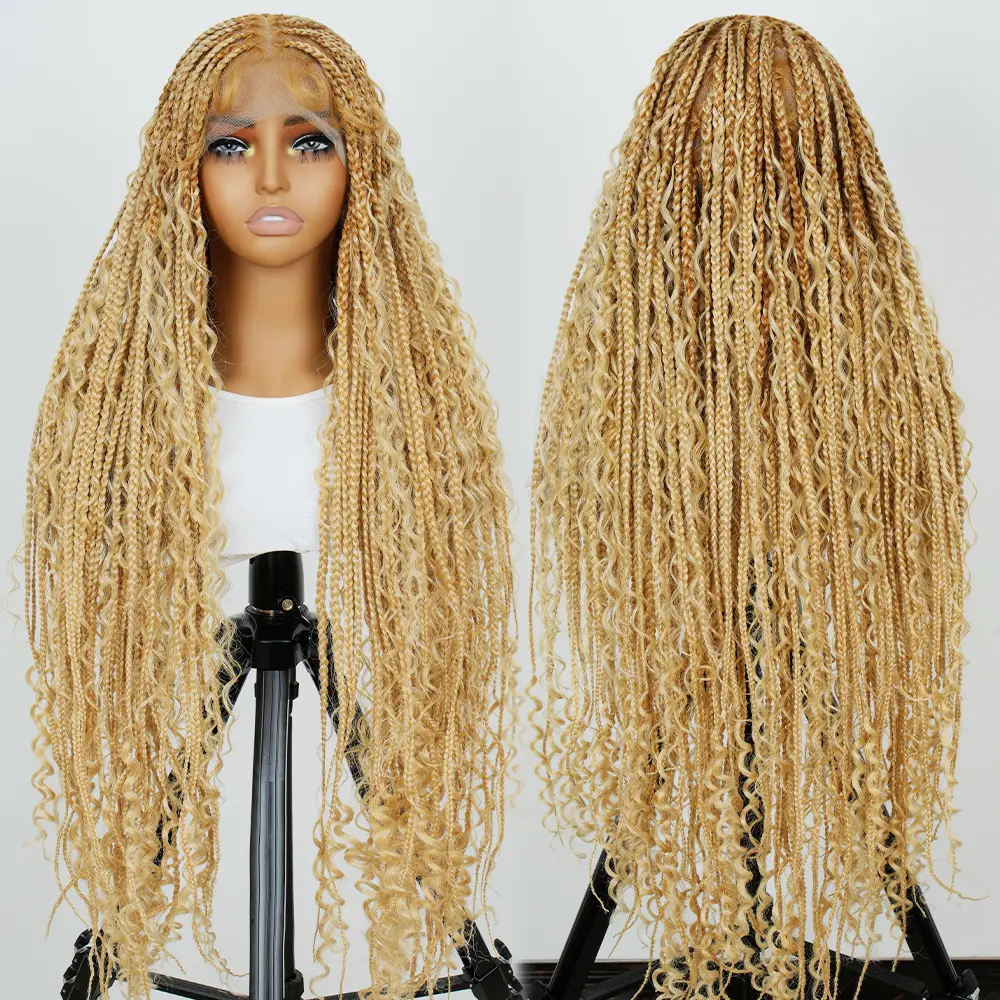 36 Inches Full Lace Premium Synthetic Fiber Bohemian Box Braided Wigs Knotless Glueless Boho