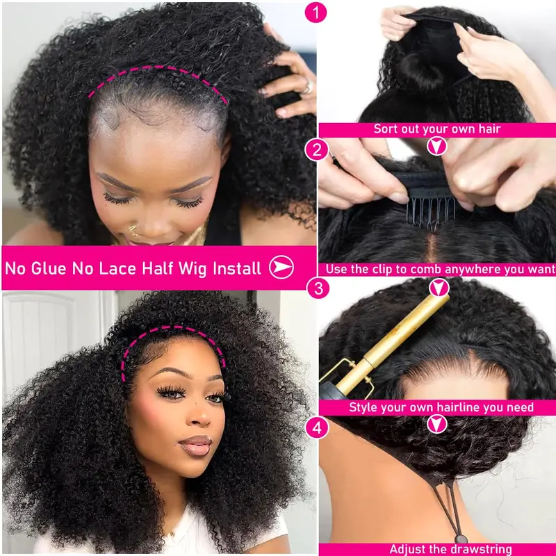 3 in 1 Half Wig Burmese Curly 100% Human Virgin Hair Seamless Flip Over Beginner Friendly Glueless Wear & Go Drawstring Clip in Wig Black Color 14-26 Inch 200% Density #Summervibes