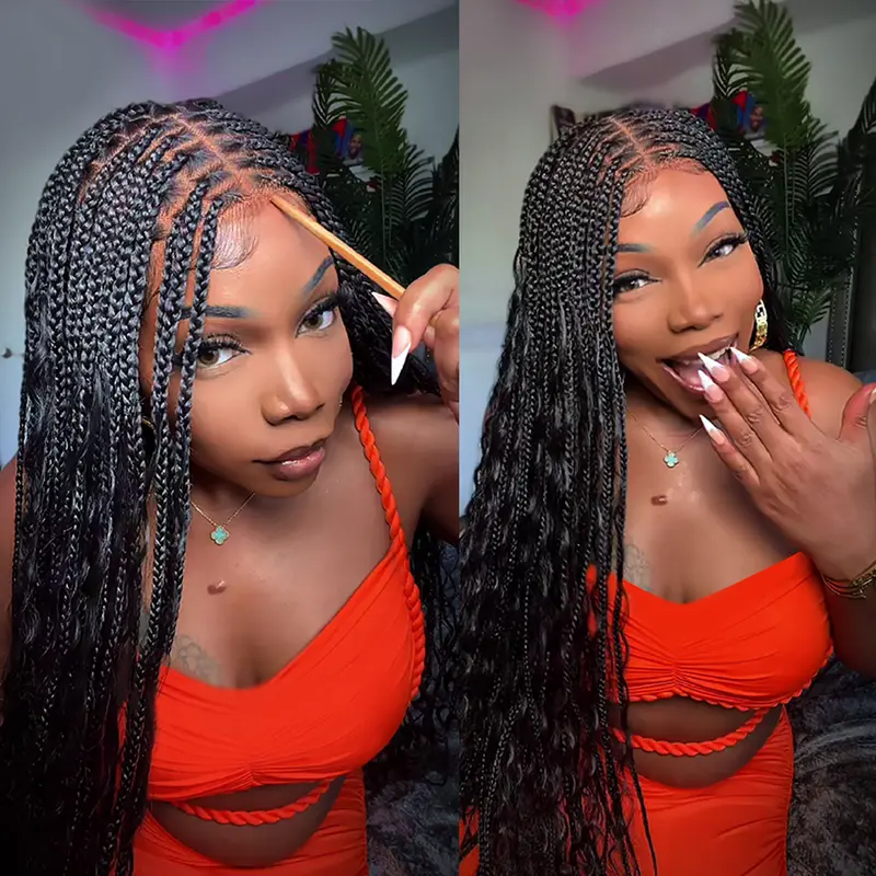 36 Inches Full Lace Premium Synthetic Fiber Bohemian Box Braided Wigs Knotless Glueless Boho