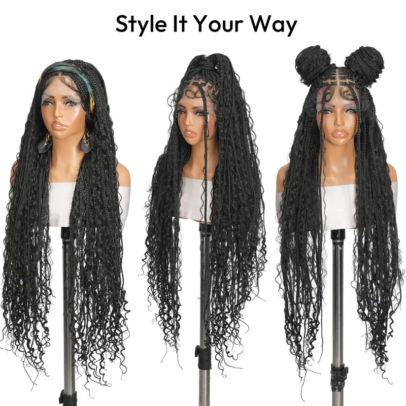 36 Inches Full Lace Premium Synthetic Fiber Bohemian Box Braided Wigs Knotless Glueless Boho