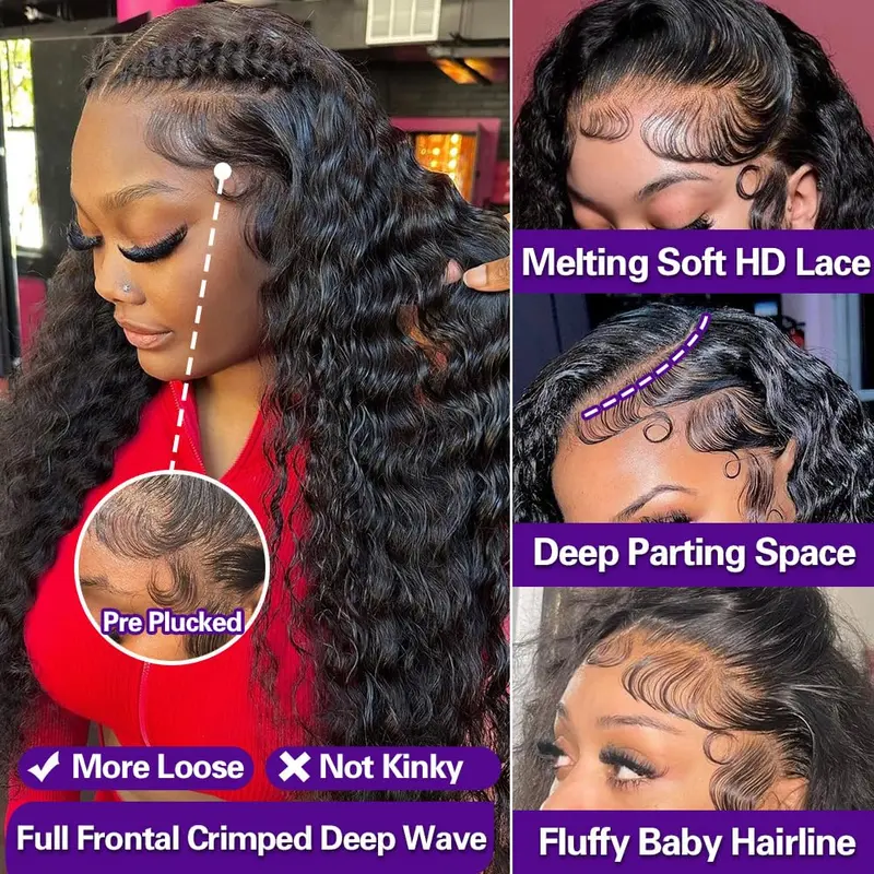 Hair Deep Wave 13x6 Lace Front Wigs Human Hair Pre Plucked 180% Density HD Transparent 13x4 Lace Frontal Wigs For Women Human Hair Lace Front Wigs Deep Curly Lace Front Wig