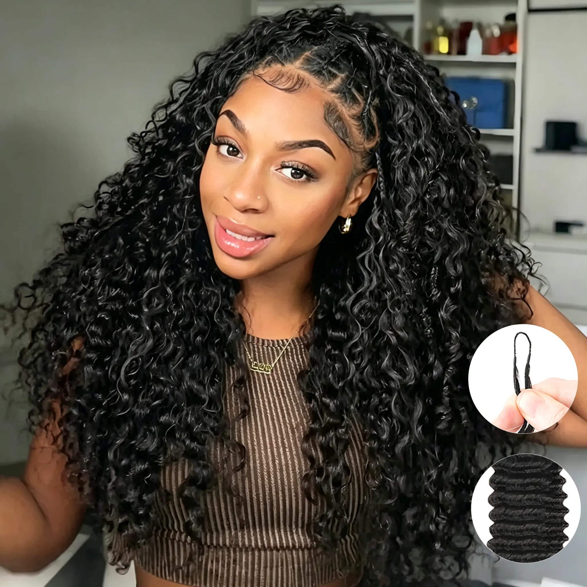Crochet Extensions Human Hair Miracle Knots Pre-Separated 50g per Pack 45-50 Strands per Pack Knotless Boho Braids 4-5 Packs for Full Head Burmese Curly Textures Wig with Crochet Hook