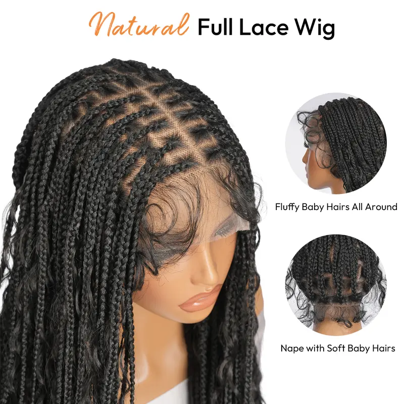 36 Inches Full Lace Premium Synthetic Fiber Bohemian Box Braided Wigs Knotless Glueless Boho