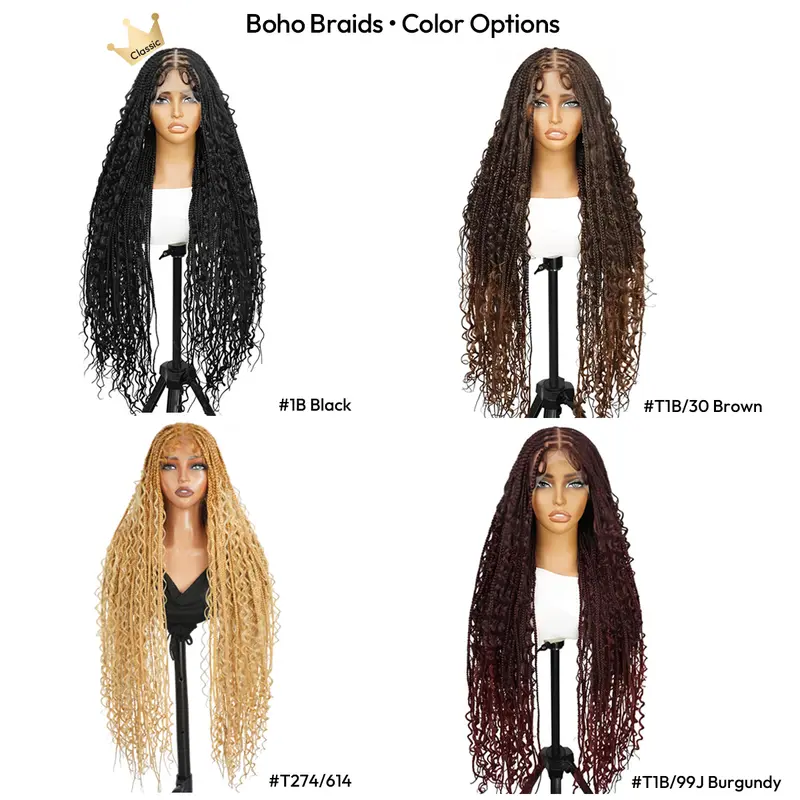 36 Inches Full Lace Premium Synthetic Fiber Bohemian Box Braided Wigs Knotless Glueless Boho