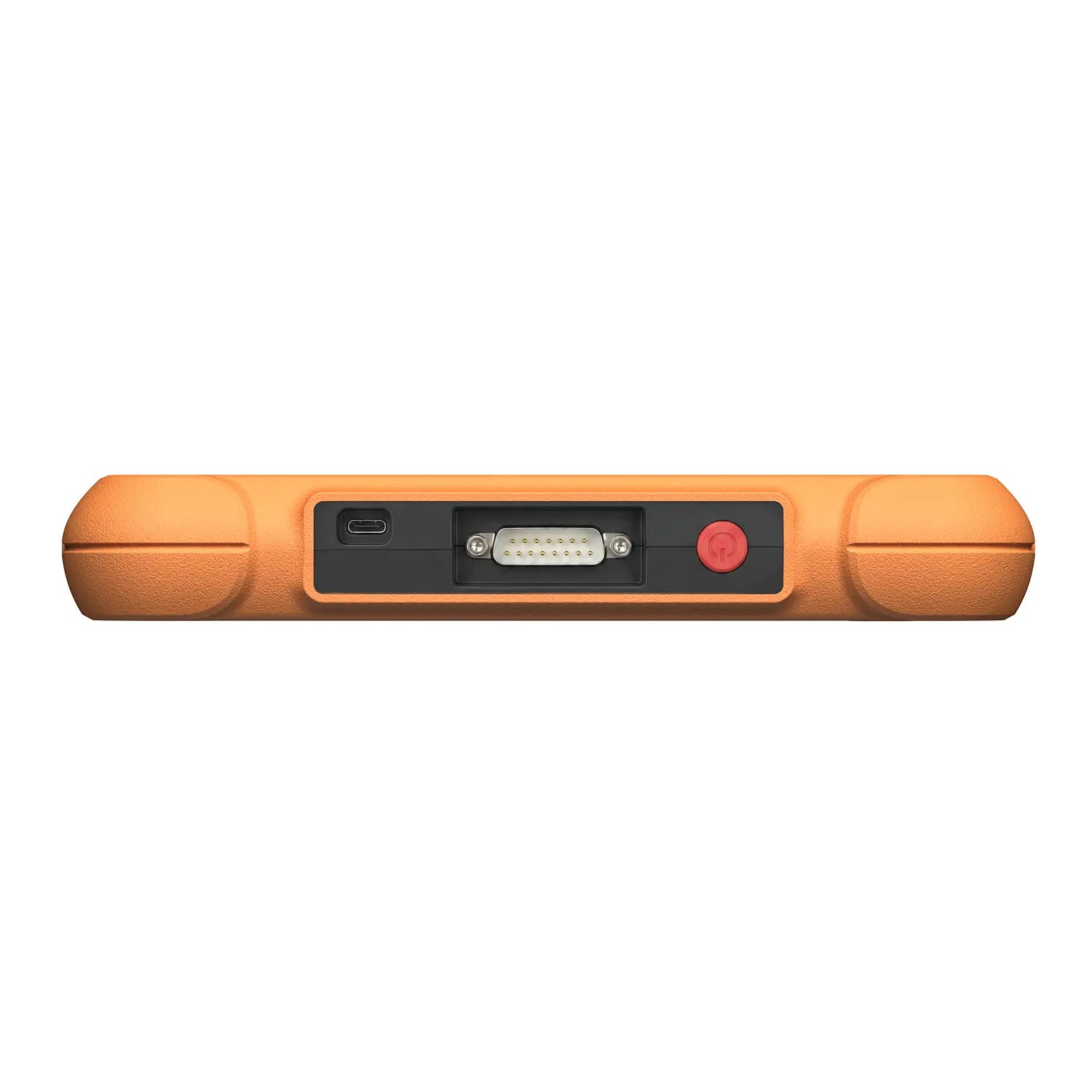 the top edge of a rugged orange device, featuring a USB-C port, a multi-pin serial connector, and a red circular power button. The textured casing includes recessed areas to protect these connection ports from damage.