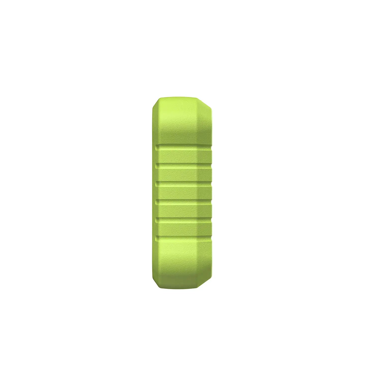 This image shows the side profile of a lime green device casing with a rugged, textured surface for a non-slip grip. The compact and durable design features a series of protective ridges along the side.