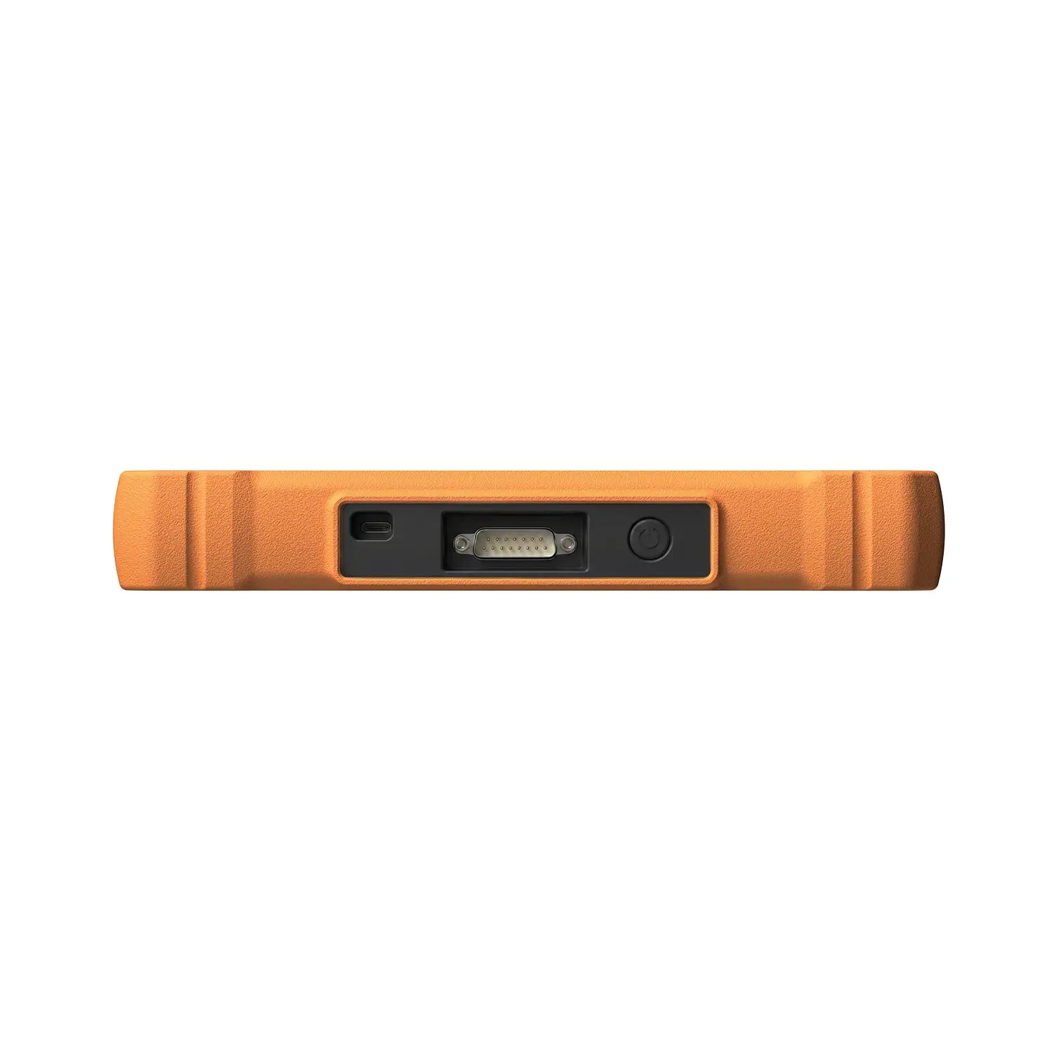 the top edge of a rugged orange diagnostic tool, featuring a USB-C port, a multi-pin serial connector, and a black circular power button. The ports are recessed within the textured casing to provide extra protection during use.