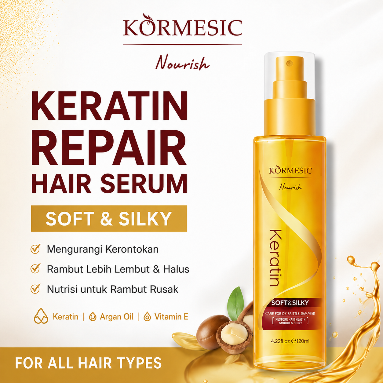 Kormesic Keratin Repair Hair Serum Gold Hair Treatment Oil 120ml - Perawatan Rambut Lembut ala Salon With Biotin Keratin and Argan Oil BPOM