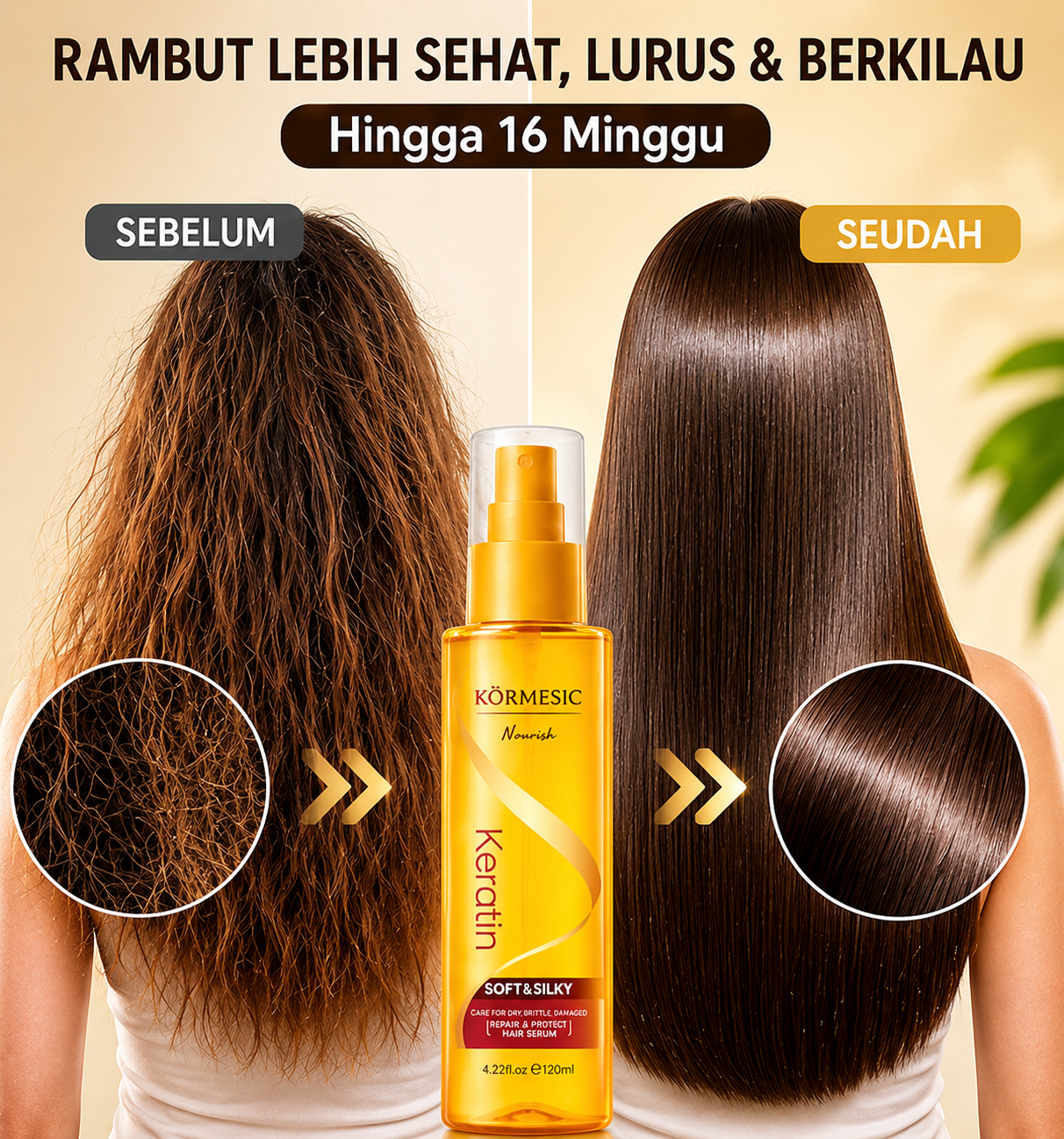 Kormesic Keratin Repair Hair Serum Gold Hair Treatment Oil 120ml - Perawatan Rambut Lembut ala Salon With Biotin Keratin and Argan Oil BPOM